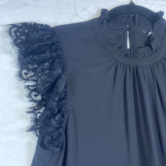 Express Feminine Victorian Ruffle Mock Neck Lace Cap Sleeve Blouse Black S NWT - Picture 5 of 13
